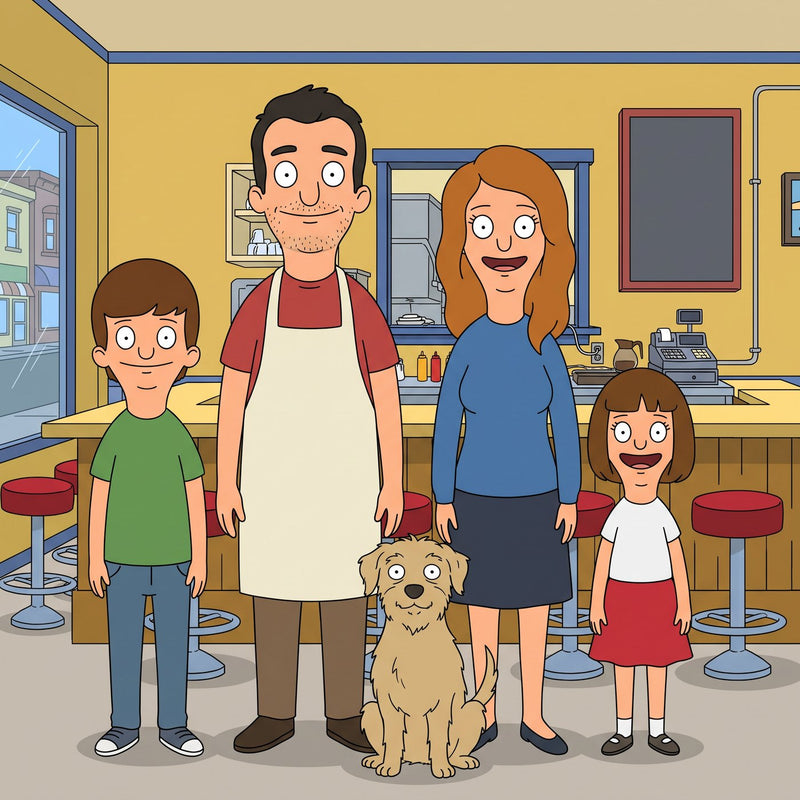 Diner Toons style illustration of a family and dog
