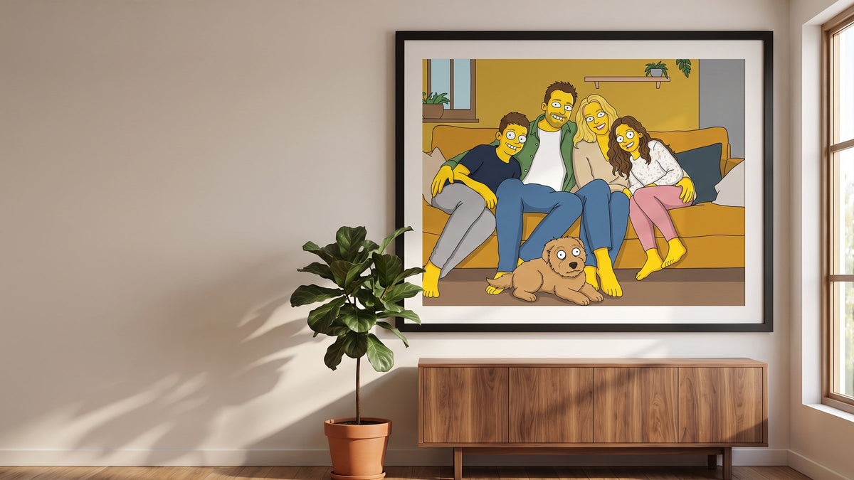 Framed cartoon family portrait displayed above a cabinet; framing not included in digital pricing