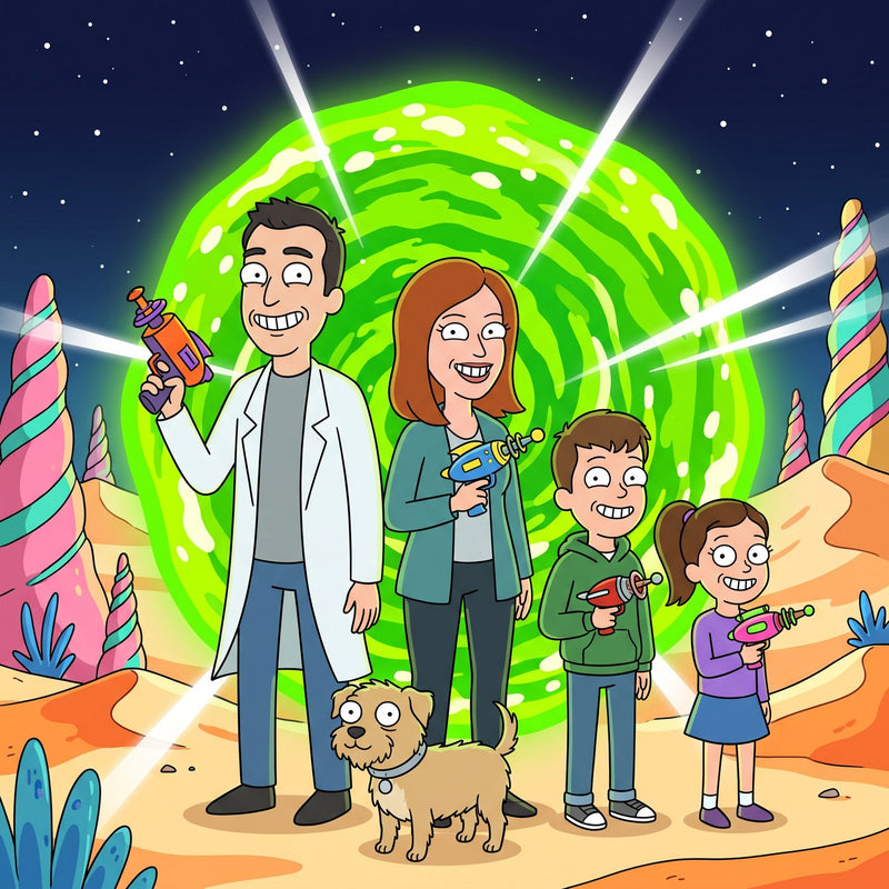 Lab Toons style illustration of a family and dog in a space setting