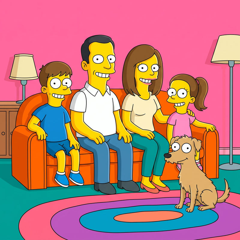 Yellow Toons style illustration of a family and dog on a couch